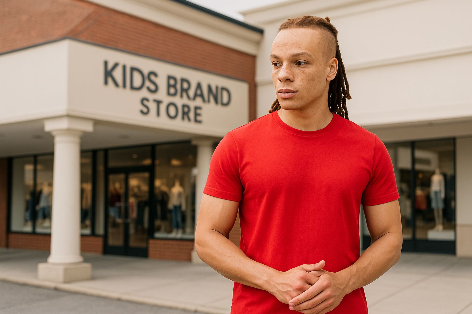Ung man framför Kids Brand Store, diskuterar barnkläders värde.