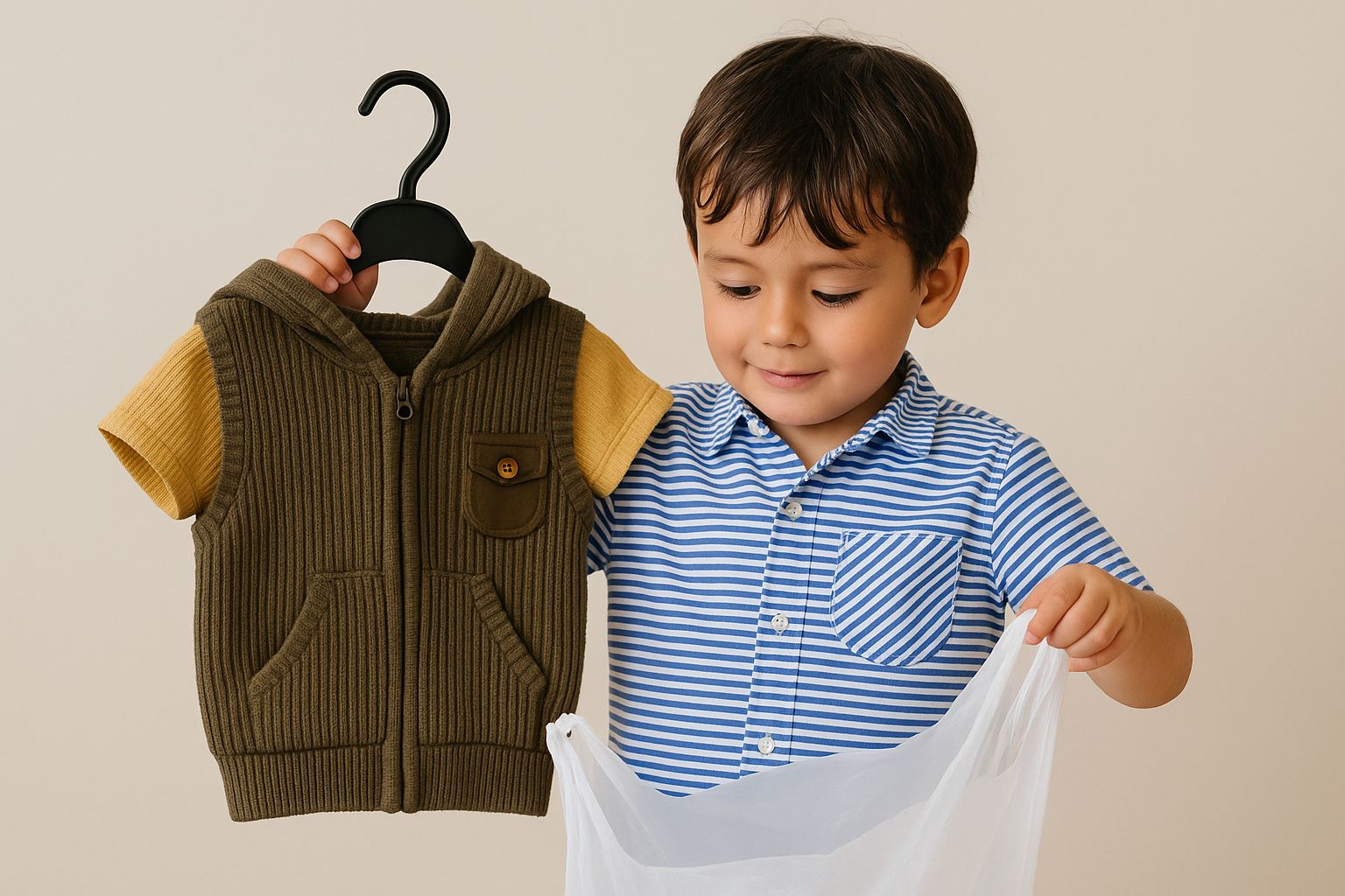 Ett barn håller upp en barnväst på galge och tittar på en vit tygbit.