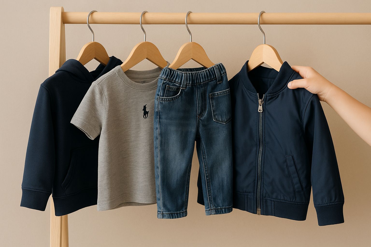 En hand håller en blå barnjacka, bredvid en grå t-shirt och jeans på galgar.